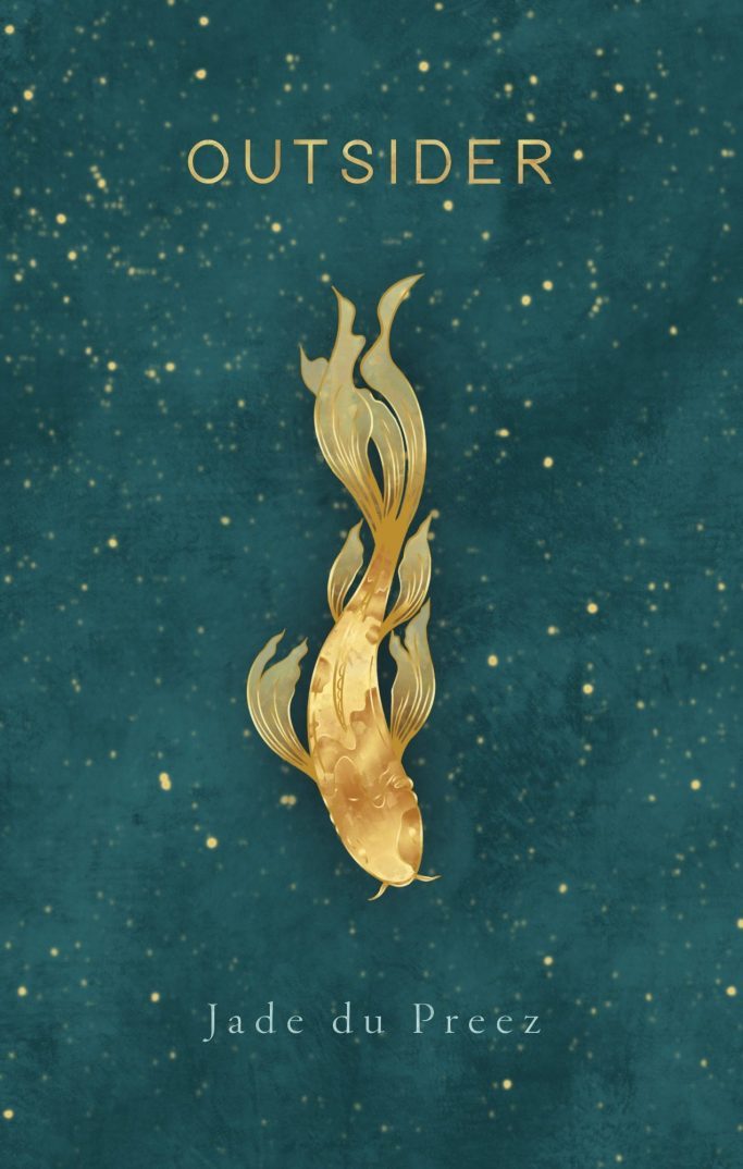 The cover art for Outsider by Jade du Preez: a golden koi with diaphanous fins on a gold-flecked, deep turquoise background that could be the water or the sky.